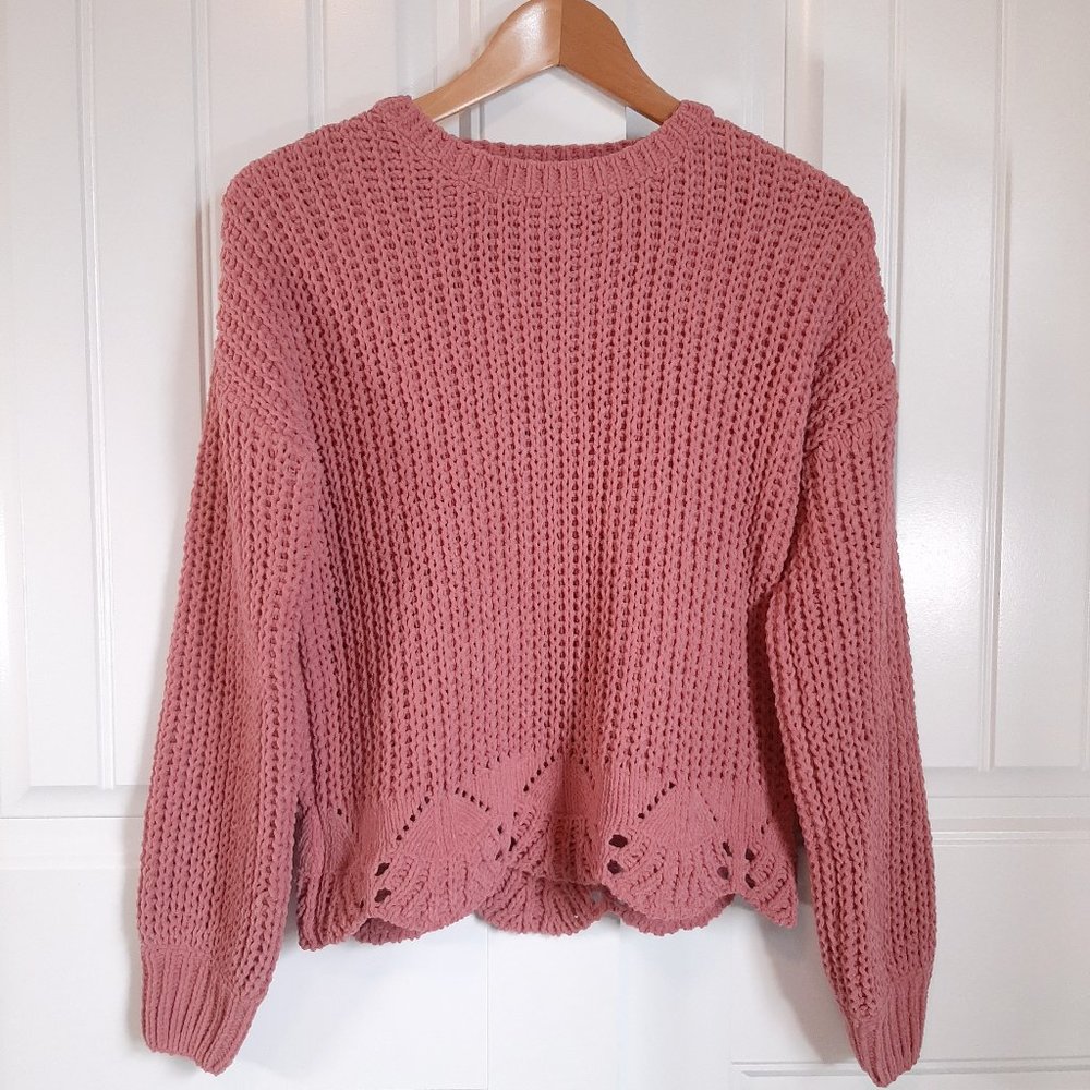 Wynter NWT Chenille Balloon Sleeve Crop Sweater with Scalloped Pointelle…
